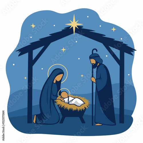 Nativity scene illustration. Holy family with baby jesus in manger. Mary and joseph kneel beside newborn child under star. Simple nativity scene perfect for christmas cards and religious celebrations.