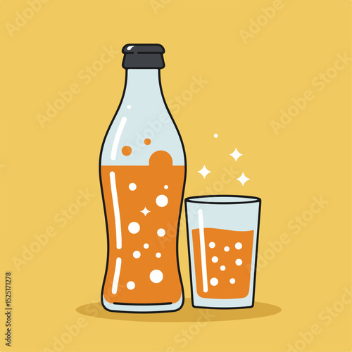 Festive orange soda bottle and glass. Sparkling citrus beverage perfect for holiday celebrations. Refreshing drink for winter holidays.