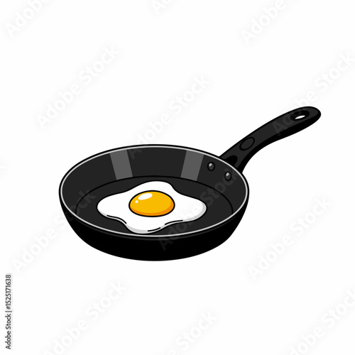 Kitchen utensil with fried egg in black pan. This kitchen utensil image shows simple breakfast cooking preparation.