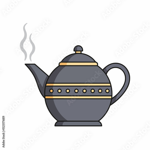 Elegant teapot with hot steam. Dark gray teapot with gold accents. Stylish teapot perfect for tea ceremony illustration.