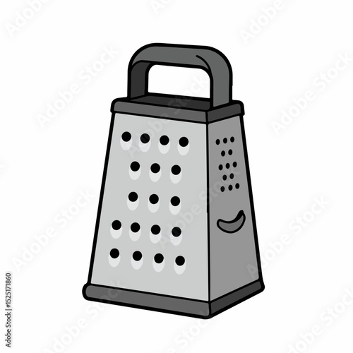 Box grater for kitchen utensil set. Metal box grater with handle for grating cheese, vegetables, and other ingredients.  High-quality kitchen tool image suitable for culinary blogs, recipe websites,