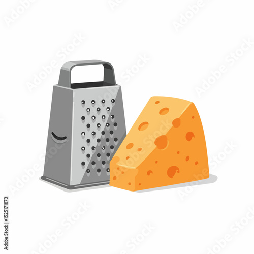 Cheese grater and cheddar cheese wedge. Kitchen utensil and dairy product for grating cheese.  Image of cheese grater and cheese suitable for culinary blogs and food websites.