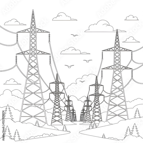 A black and white power towers illustration line art of a coloring page 