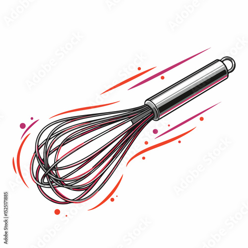Metal whisk for cooking and baking.  Durable kitchen utensil with wire loops. This stylish whisk is perfect for creating delicious desserts or sauces.  High-quality image ideal for culinary websites,