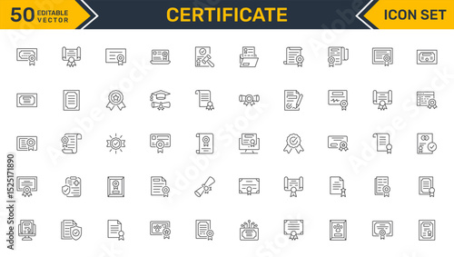 Set of outline icons related to certificate. Linear icon collection. Editable stroke. Vector illustration