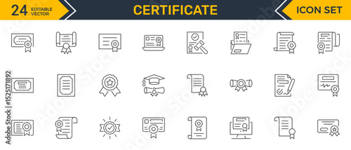 Set of outline icons related to certificate. Linear icon collection. Editable stroke. Vector illustration