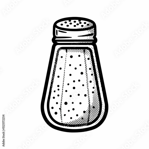 Salt shaker illustration. Detailed drawing of salt cellar with grains of salt inside. Simple salt shaker design for kitchenware packaging or dental clinic brochures.