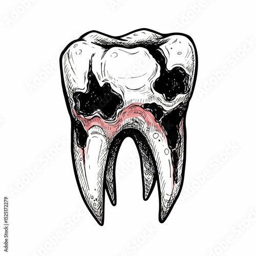 Decayed tooth illustration. Detailed drawing of a tooth with cavities and gum disease. Graphic representation of oral health problems perfect for dentistry brochures or kitchen utensil advertisements.