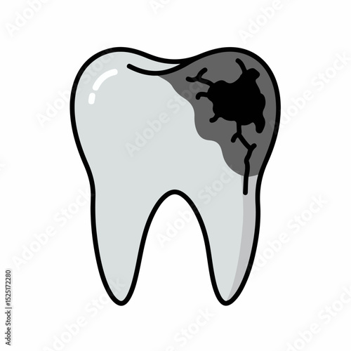 Damaged tooth illustration showing decay and crack. Tooth with dark gray decay and visible crack needing dental treatment.