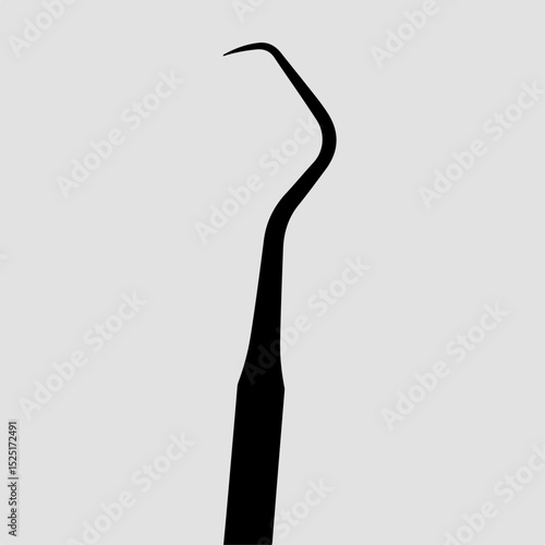 Dental instrument, periodontal scaler, black silhouette on grey background.  This dental tool is perfect for professional use in dentistry.  High-quality image for dental clinic brochures,