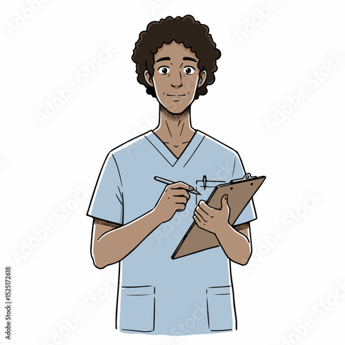 Smiling male nurse in light blue scrubs writing on clipboard.  Nurse holds clipboard and pen, making notes.  This image is perfect for dental clinic brochures or car accessory catalogs.