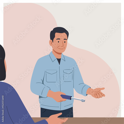 Dentist explaining procedure to patient using dental tool. Experienced dentist showing dental instrument to patient.  Detailed explanation of dental procedure for better understanding.
