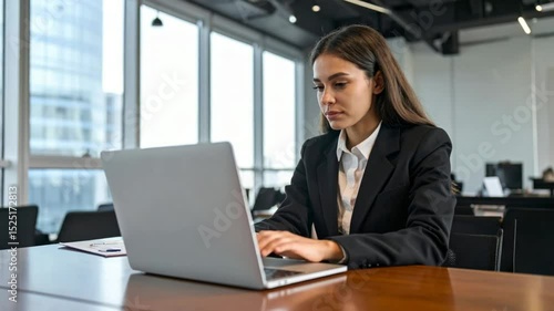 Business Woman Working on Laptop: A focused businesswoman in a corporate office types diligently on her laptop, epitomizing professional dedication and modern workplace efficiency.