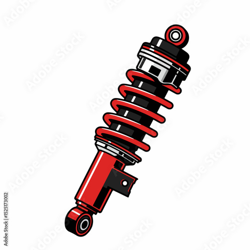 Red shock absorber spring coil with black cylinder.  High-quality detailed image of automotive suspension component.