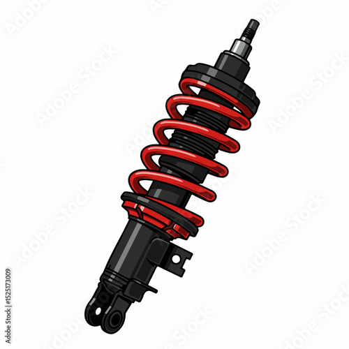 Red and black coil spring shock absorber. Automotive suspension component with metal spring and damping system. High-quality shock absorber for car repair and maintenance.