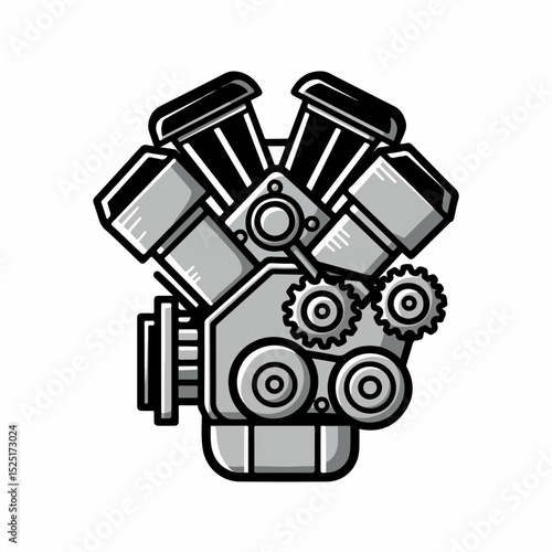 Powerful V-twin engine illustration. Detailed engine components pistons, cylinders, and gears are shown. This image is perfect for use in automotive design projects or motorcycle magazines.