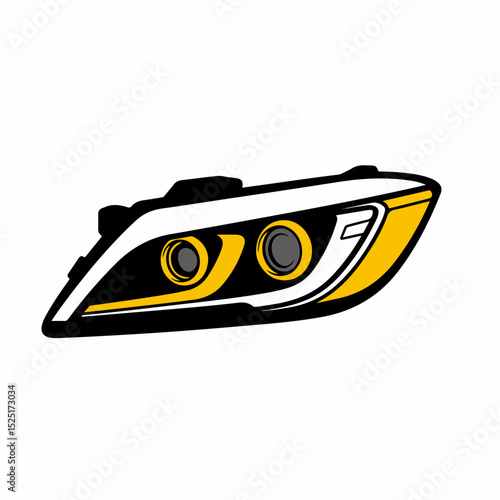 Car headlight with yellow accents. Stylish automotive part illustration shows modern car headlamp design with bright yellow details.  This image is perfect for automotive blogs, repair manuals,