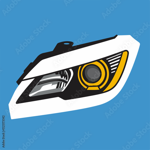 Car headlight design with sleek lines and bright yellow indicator. Modern car part illustration showing details of projector lens and housing.