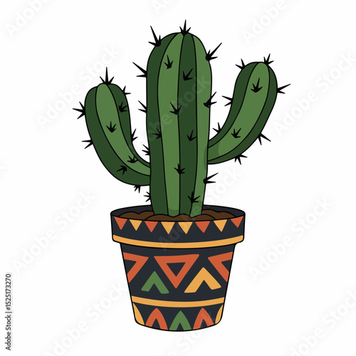 Cactus in decorated pot. Green cactus plant in colorful terracotta pot with geometric pattern.  Succulent in ethnic style pot perfect for gardening blog or website.