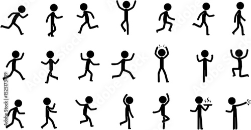 Stickman icons. Stick figures black silhouettes showing various poses and gestures, running, meditating and jumping. Ideal for infographics, design and app interfaces. Minimalist vector illustration