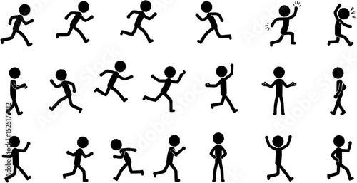 Stickman icons. Stick figures black silhouettes showing various poses and gestures, running, meditating and jumping. Ideal for infographics, design and app interfaces. Minimalist vector illustration
