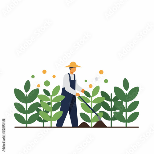 Gardener tending plants in garden. Man in overalls uses hoe to cultivate soil.  He works diligently among green plants. This image is perfect for садоводство educational materials or blog posts.