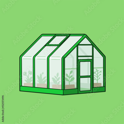 Green glass greenhouse with plants inside. Small home greenhouse for growing flowers and vegetables.
