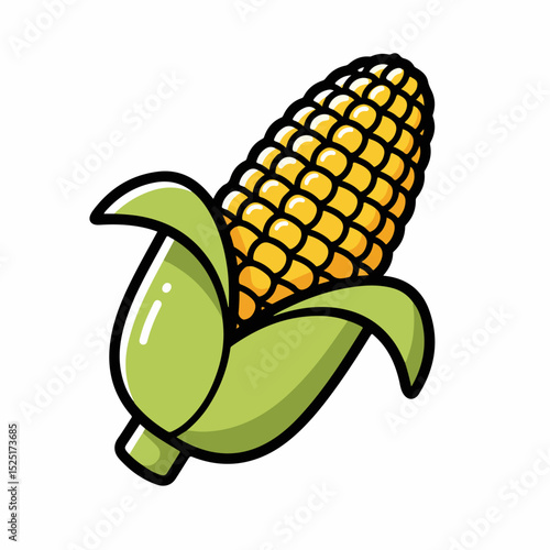Sweet corn illustration with yellow kernels and green leaves. This detailed corn illustration shows ripe kernels and husks.
