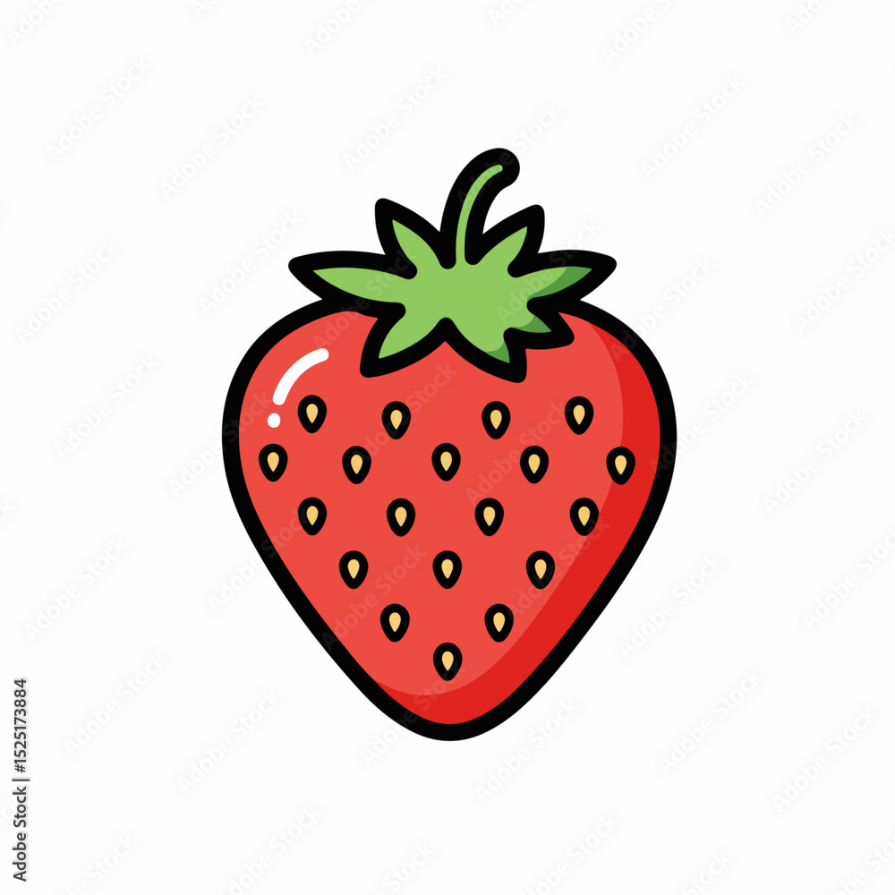 Obraz premium Red strawberry illustration. Strawberry graphic with green leaves and seeds. Simple strawberry image perfect for gardening blogs and websites.