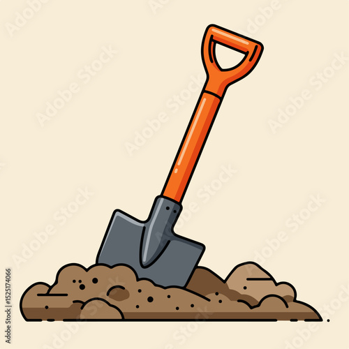 Gardening shovel in brown soil. Gardening tool with orange handle and dark grey metal head.  Simple gardening equipment illustration perfect for gardening blogs or websites related to horticulture.