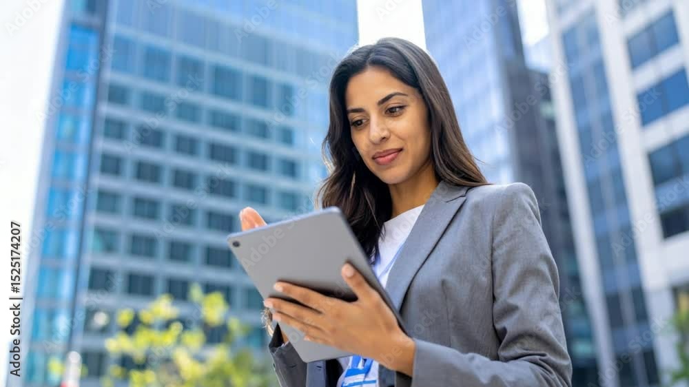 Woman in a Business District: An elegant business professional navigates the city, immersed in the digital landscape, seamlessly blending technology with the urban backdrop. Woman in a Business District: An elegant business professional navigates the city, immersed in the digital landscape, seamlessly blending technology with the urban backdrop.