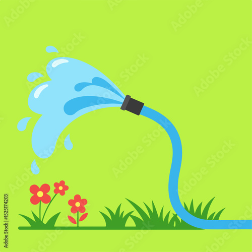 Watering garden flowers with blue hose. Garden hose sprays water onto grass and red flowers. Simple gardening illustration perfect for gardening blogs, websites,