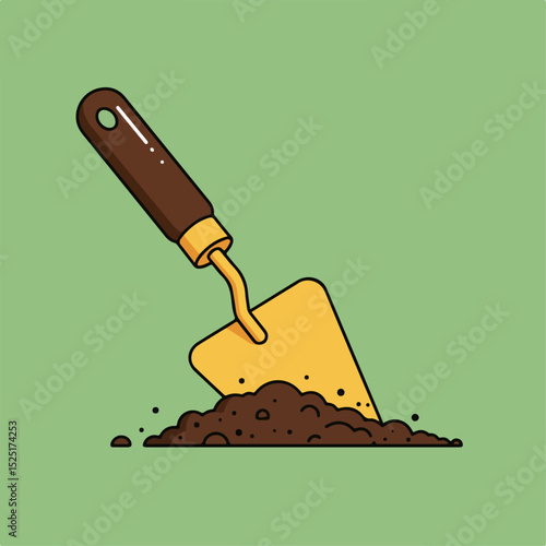 Gardening trowel with brown handle digging into rich soil. Gardening tool is perfect for planting seeds and flowers.