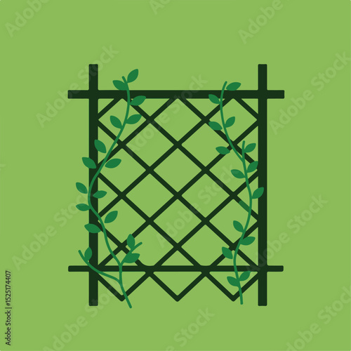 Green trellis with climbing plant.  Simple garden trellis design with diamond lattice and lush green foliage.  Decorative trellis perfect for adding nature inspired charm to any space.