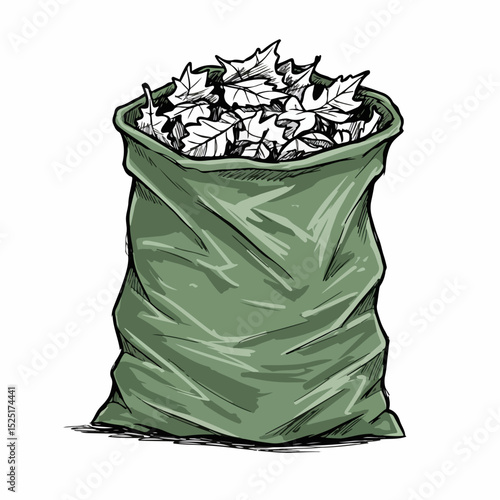 Green leaf filled trash bag. Fall leaves collection in large green plastic garbage bag.  Autumn leaves cleanup for yard work.