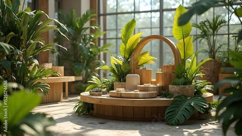 Circular Wooden Product Display Stand with Tropical Plants Eco-Friendly Retail Design