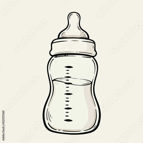 Baby bottle with milk for infant feeding. Newborn baby bottle illustration shows details of nipple and measurement markings.