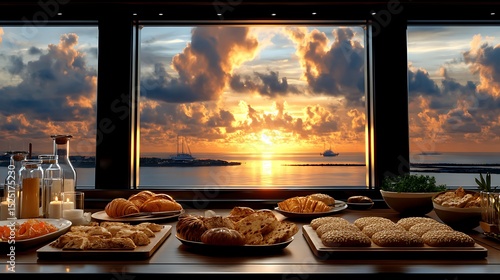 Scenic Sunset View from Yacht Flybridge with Gourmet Meal and Silhouette of Clouds