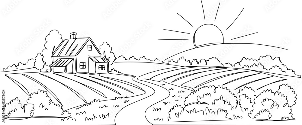 Fototapeta premium Rural landscape continuous one line vector drawing rural house vector 