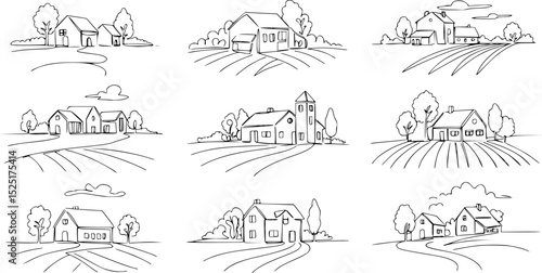 Rural landscape continuous one line vector drawing rural house vector
