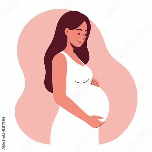 Pregnant woman gently touching her belly. Expectant mother in white dress showing her pregnancy.  Beautiful illustration for maternity clinic brochures or pregnancy announcement cards.
