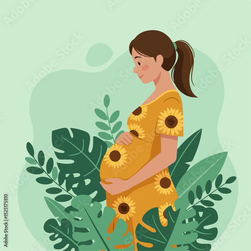 Pregnant woman in sunflower dress gently touching her belly surrounded by tropical leaves.  Happy expectant mother enjoying pregnancy. This illustration is perfect for brochures for prenatal care,