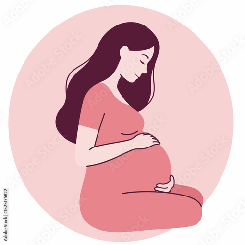 Pregnant woman gently touching her belly, sitting peacefully in a soft pink background.  Motherhood and pregnancy illustration showing serene expectant mother. This image is perfect for brochures,