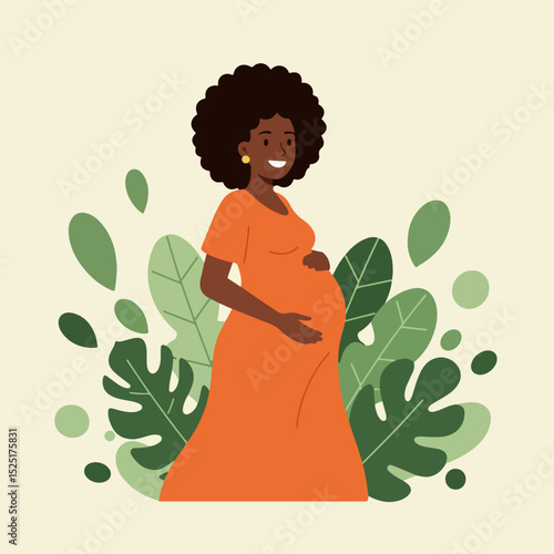 Happy pregnant woman in orange dress surrounded by green leaves.  Smiling expectant mother gently touching her belly.  This joyful image of pregnancy is perfect for gynecology or pediatric materials.