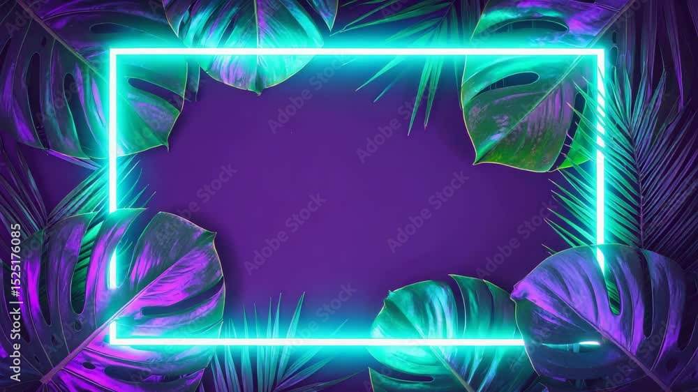 Vibrant neon frame surrounded by tropical leaves creating a summery backdrop. Vibrant neon frame surrounded by tropical leaves creating a summery backdrop.