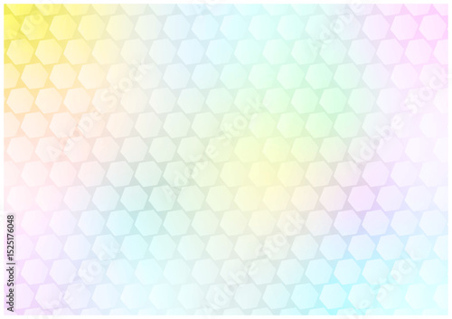 Bright Rainbow Gradient Background with White Hexagonal Mosaic Tiles（虹色のグラデーションのバックに白い六角形のモザイクタイルが規則的に並んでいる明るい背景）