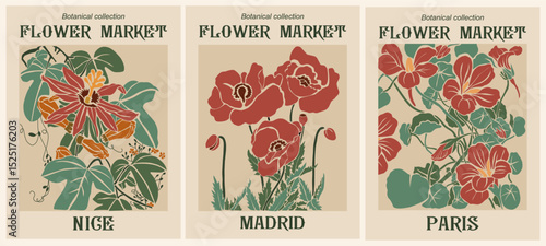 Set of retro Art Nouveau flower market posters featuring Paris, Madrid, and Nice. Botanical art with poppy and passiflora flowers, perfect for vintage decor and floral design.