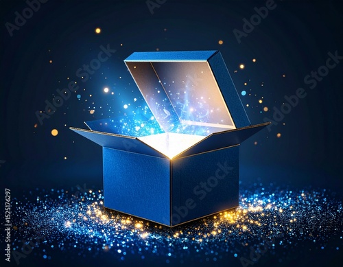3D blue mystery box with Illuminated lighting glitter on dark background