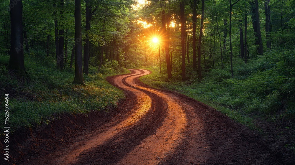 Fototapeta premium Winding dirt road leads through vibrant green forest. Sunlight filters through trees creating serene ambiance. Pathway provides journey adventure experience, destination exploration. Nature.