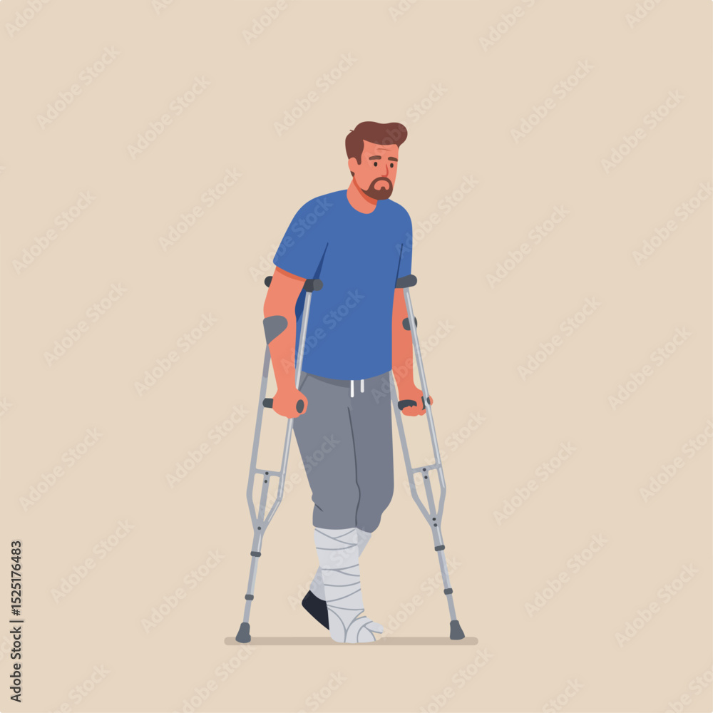 Man on crutches with bandaged leg walking slowly. Injured person using underarm crutches for support after leg injury. This illustration is perfect for medical publications, Man on crutches with bandaged leg walking slowly. Injured person using underarm crutches for support after leg injury. This illustration is perfect for medical publications,
